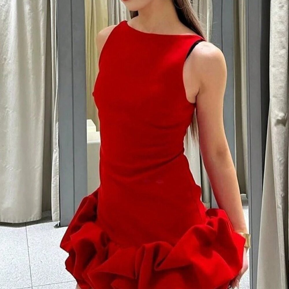Red Elegant Women's Hem Mini Tank Sleeveless Round Neck Slim Dress